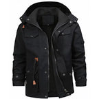 Fleece lined military parka jacket in black with multiple pockets, dual zipper, drawstrings, front view.