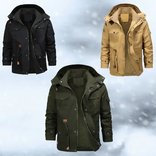 Fleece lined military parka jacket in black, tan, and olive shown together on a snowy background display.