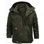 Fleece lined military parka jacket in olive green with cargo pockets, zippers, hood, front view display.