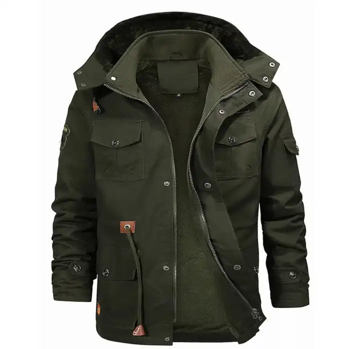 Fleece lined military parka jacket in olive green with cargo pockets, zippers, hood, front view display.