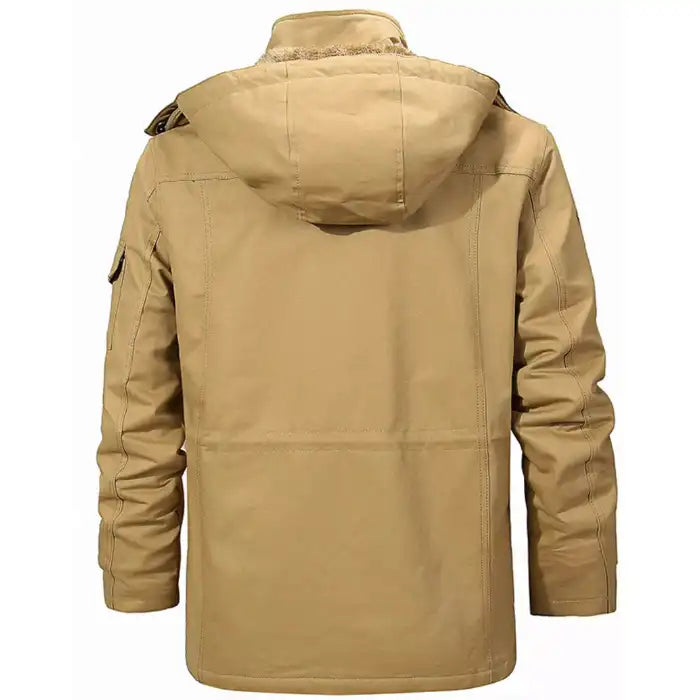 Fleece lined military parka jacket in tan color with hood, stitching details, smooth back view exterior.