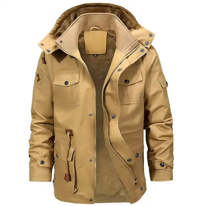 Fleece lined military parka jacket in tan color with dual zipper closure, chest pockets, front view fully open.
