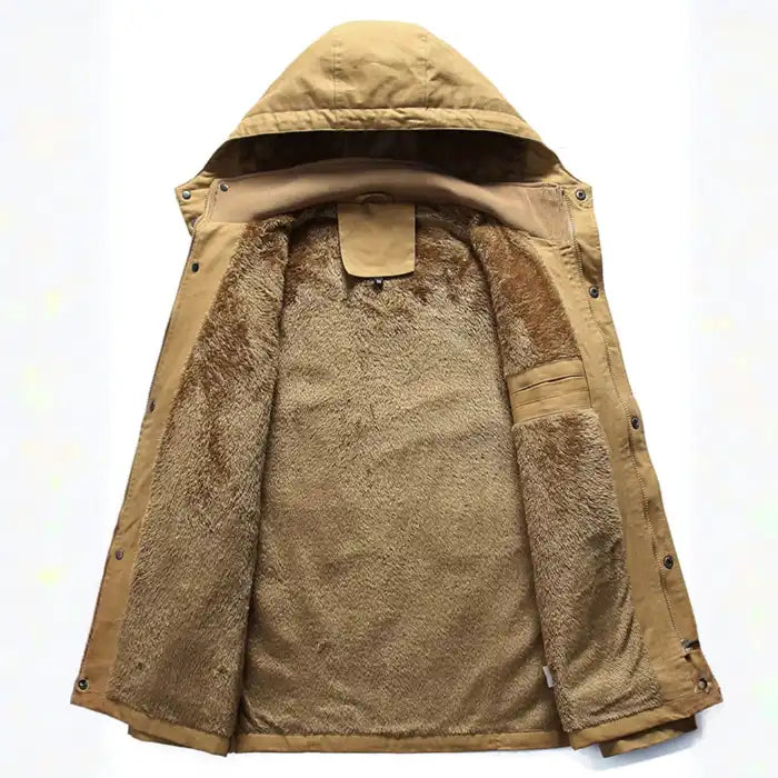 Fleece lined military parka jacket in tan showing soft fleece interior lining, hood detail, open interior view.