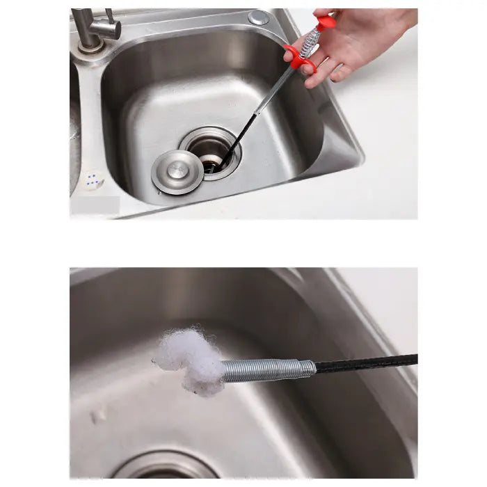 Flexible Pipe Dredging Tool used to remove clogs from a kitchen sink.