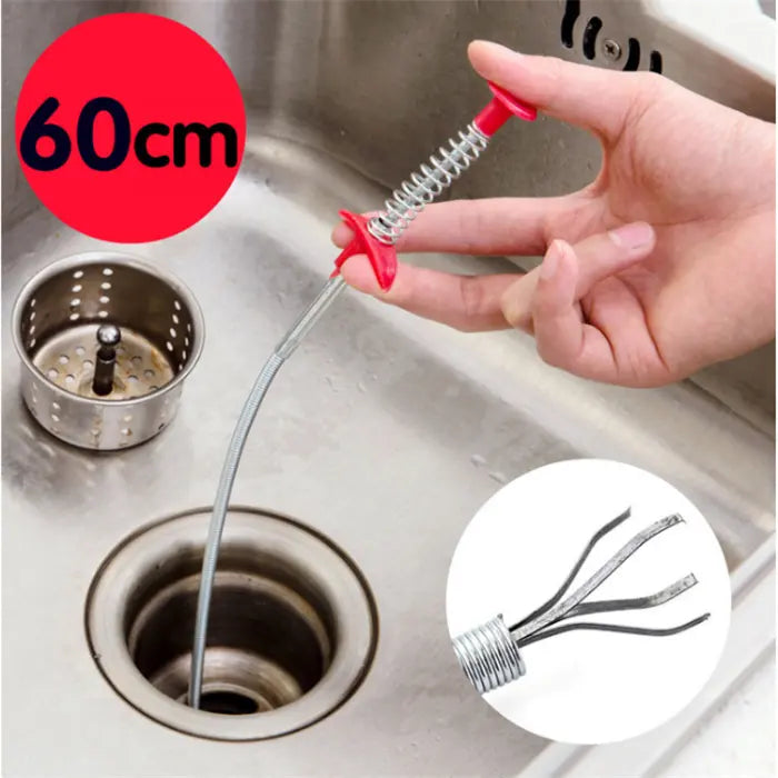 Flexible Pipe Dredging Tool being used to clean a sink drain with a 60cm length.