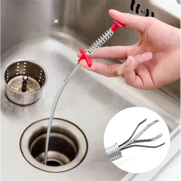 Flexible Pipe Dredging Tool being used to clean a sink drain with a 60cm length.