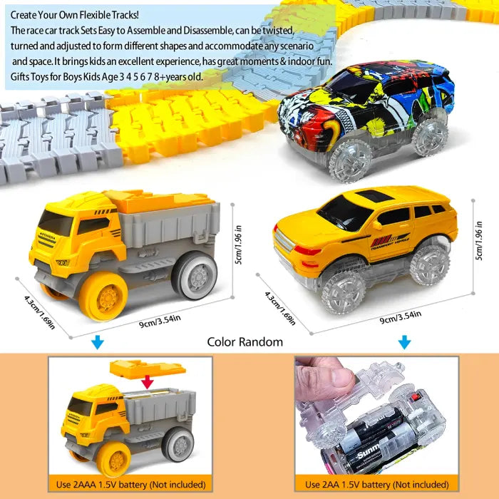 Flexible race track cars with dimensions, showing yellow dump truck and jeep powered by AA batteries.