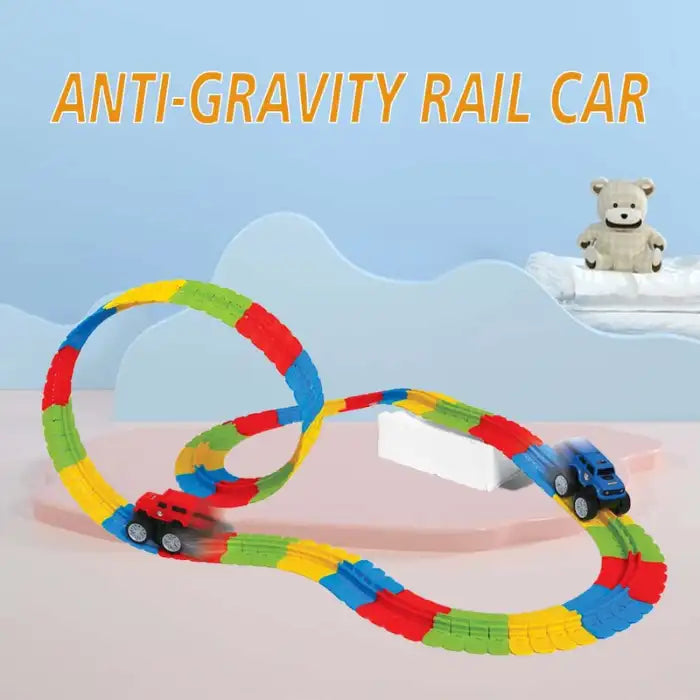 Flexible Racing track with red and blue cars looping on multicolor track against pastel background.