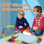 Flexible Racing track with two kids playing, cars looping on vibrant multicolor track indoors.
