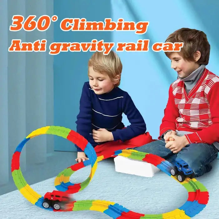 Flexible Racing track with two kids playing, cars looping on vibrant multicolor track indoors.