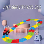 Flexible Racing track with red car speeding on rainbow track in purple-themed toy setup.
