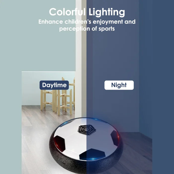 Floating football toy shown in a day and night comparison, highlighting colorful LED lights for enhanced enjoyment.