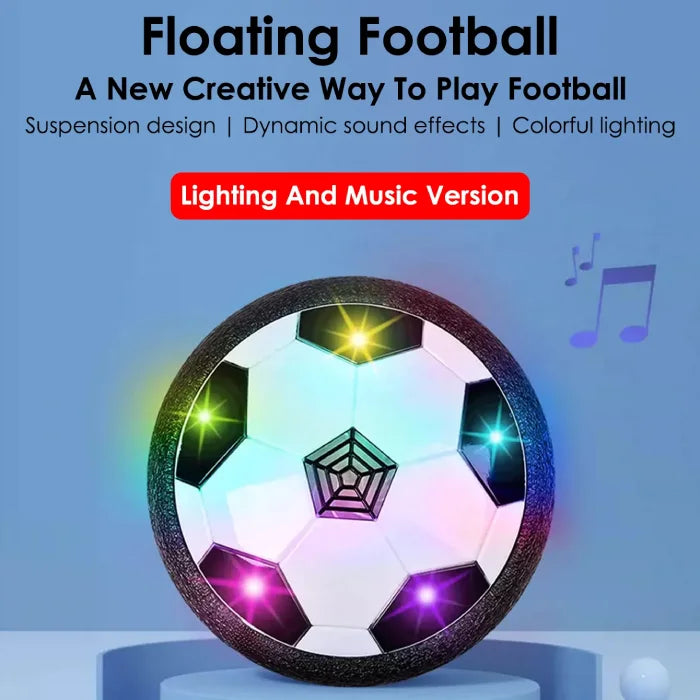 Floating football toy with LED lights and dynamic music features, suitable for fun indoor play.