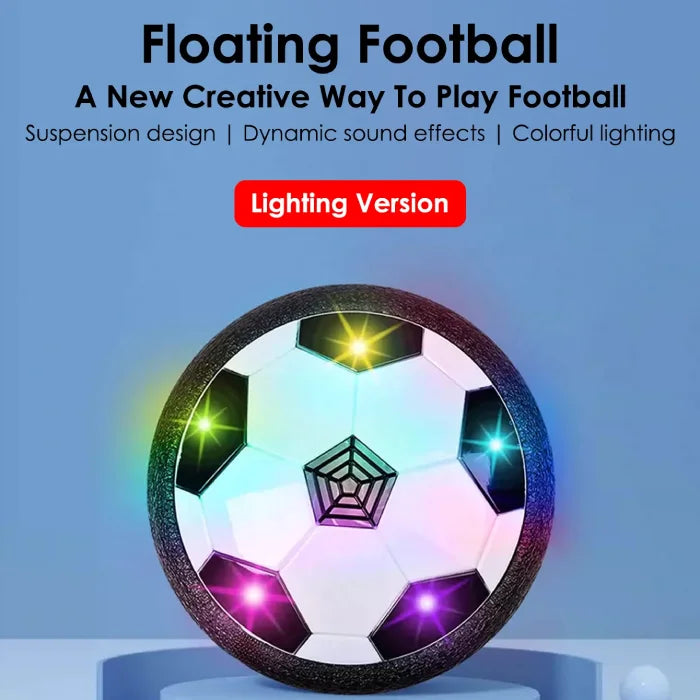 Floating football toy with colorful LED lights, designed for indoor play and featuring a lighting version.