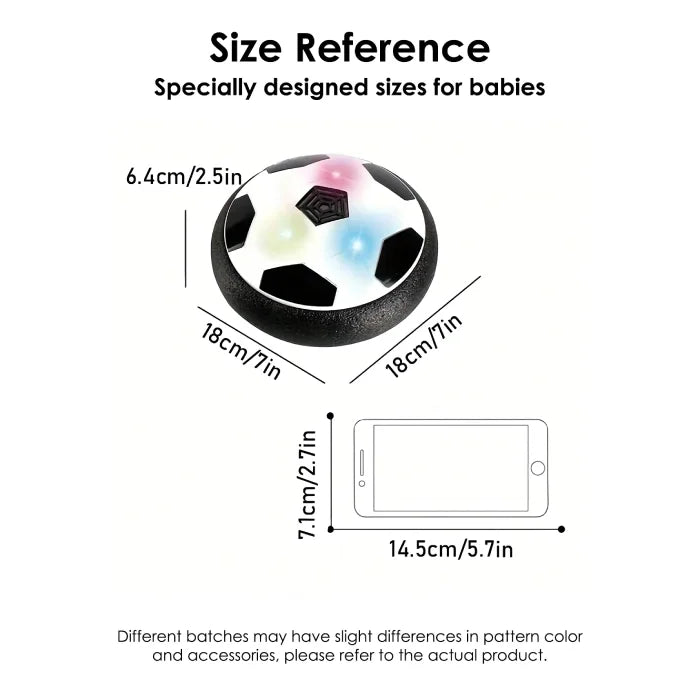 Floating football toy size reference compared to a smartphone, with dimensions highlighted for clarity.