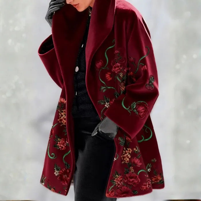 Floral Embroidered Coat showcasing burgundy floral embroidery on wool fabric, timeless design for modern women