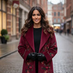 Floral Embroidered Coat close-up showing rich burgundy fabric, intricate embroidery, and elegant luxury finish
