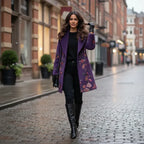 Floral Embroidered Coat styled with black outfit, purple embroidered wool design for chic city walking confidence