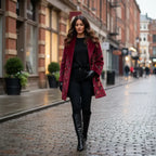 Floral Embroidered Coat paired with black boots and gloves, embroidered burgundy wool for polished city style