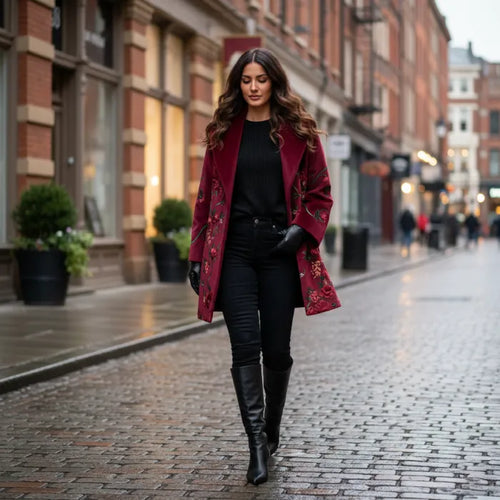 Floral Embroidered Coat paired with black boots and gloves, embroidered burgundy wool for polished city style