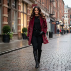 Floral Embroidered Coat in burgundy wool with detailed stitching, flattering silhouette for stylish cold weather