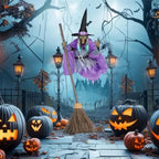 Flying witch yard decor surrounded by glowing jack-o'-lanterns on gothic path with lamp posts.