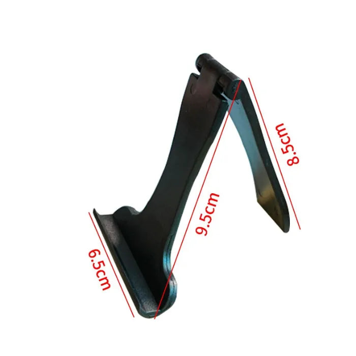 Foldable phone stand with 9.5cm height and 6.5cm base width shown in black side profile with measurements.