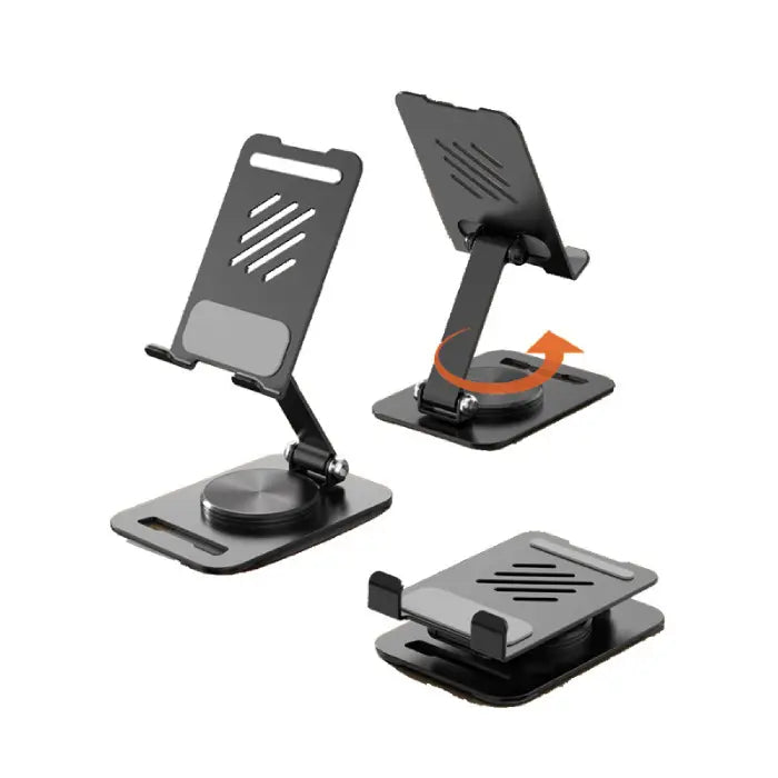 Three views of black metal phone stand showing different angles and folding positions