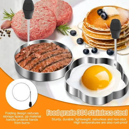 Food-grade 304 stainless steel molds for pancakes, eggs, and burgers with rust-proof and durable design.