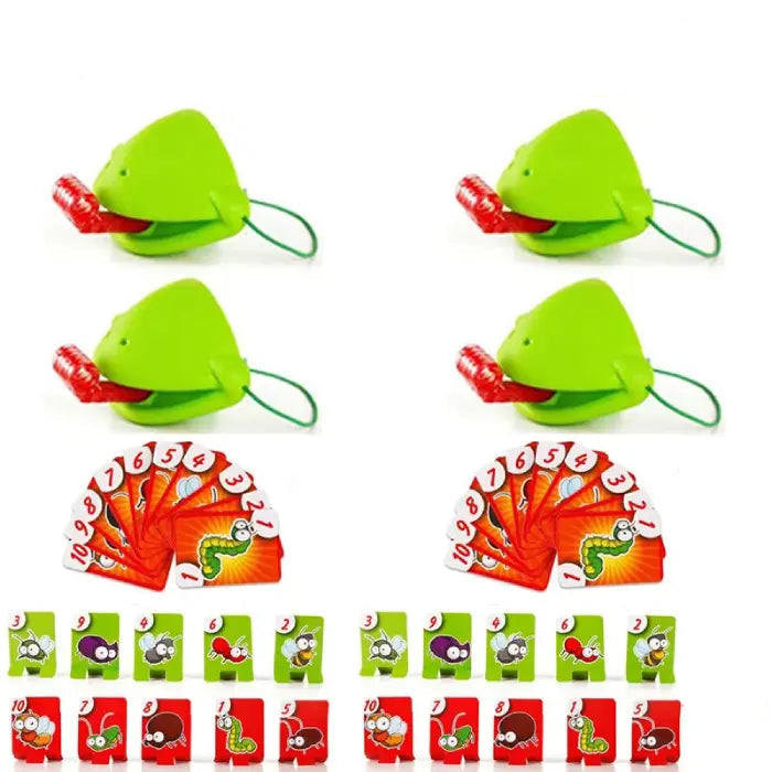 Expanded game set for four players showing full complement of cards and green lizard catchers with quantities