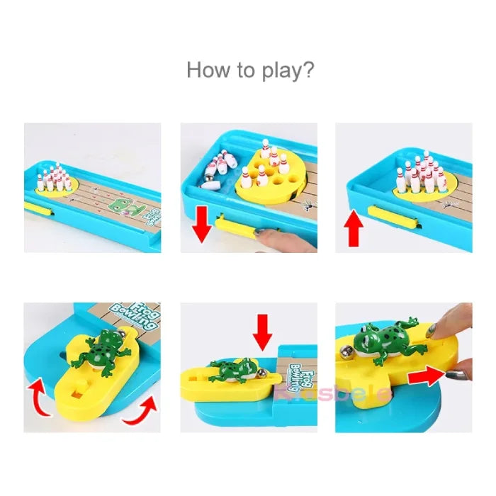 Step-by-step instructions for playing a frog-themed mini bowling game, showing pin setup, ball placement, and frog launcher operation.