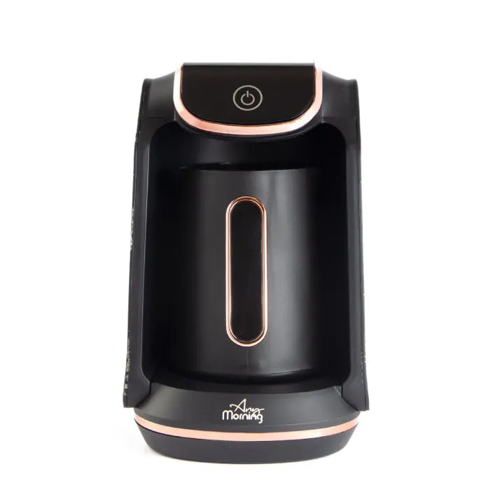 Front facing electric Turkish coffee maker with rose gold accents and water level indicator