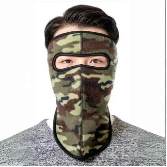 Full-face camouflage fleece mask providing warmth and protection during cold outdoor conditions.