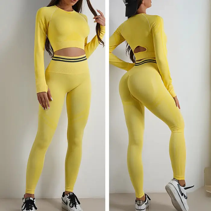 Complete yellow women’s seamless yoga outfit with back cutout top and leggings
