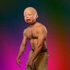 Shirtless man in khaki shorts wearing funny baby mask with pouty face and exaggerated sad expression.