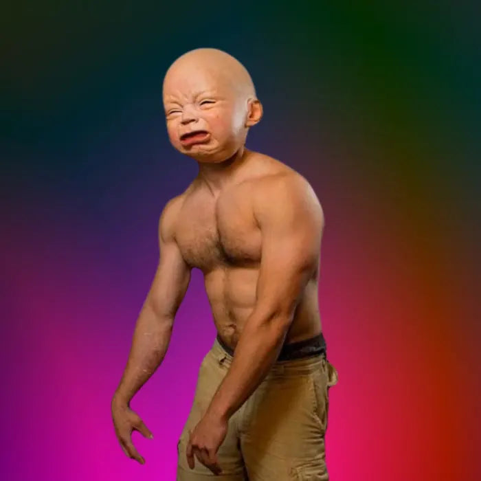 Shirtless man in khaki shorts wearing funny baby mask with pouty face and exaggerated sad expression.
