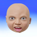 Funny baby mask with wide blue eyes and surprised open mouth expression on a bald latex head.