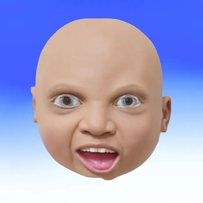 Funny baby mask with wide blue eyes and surprised open mouth expression on a bald latex head.