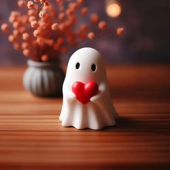 Funny ghost decoration holding a red heart, placed on wooden table with blurred floral background.