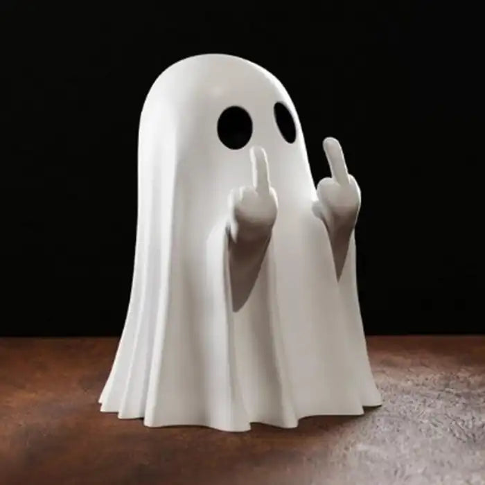 Funny ghost decoration showing both middle fingers with a bold and cheeky expression in white ceramic.