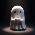 Funny ghost decoration with a sad face holding heart under spotlight in dramatic low lighting.