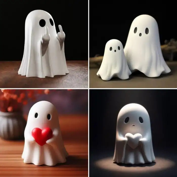 Funny ghost decoration set with various poses including heart, sad face, duo, and middle fingers display.
