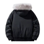  Back view of black fur hooded puffer bomber jacket with plush white hood trim, ribbed cuffs, and quilted design
