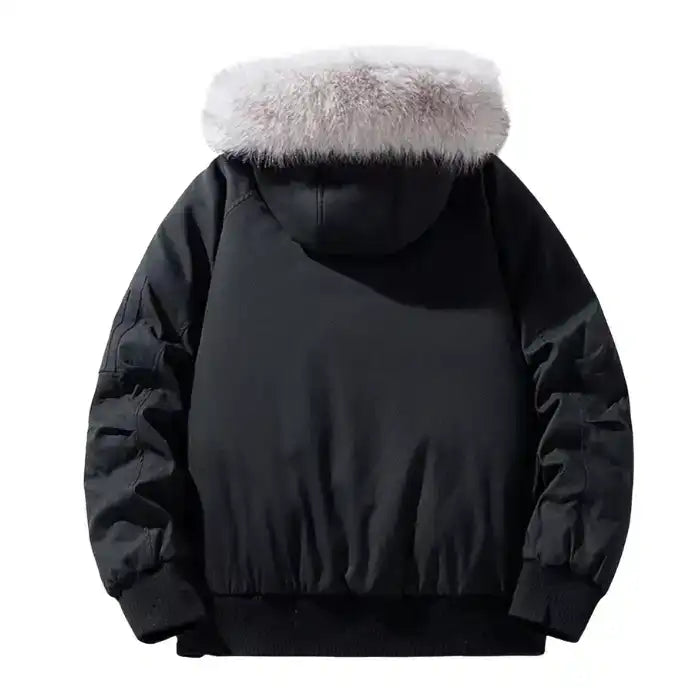  Back view of black fur hooded puffer bomber jacket with plush white hood trim, ribbed cuffs, and quilted design