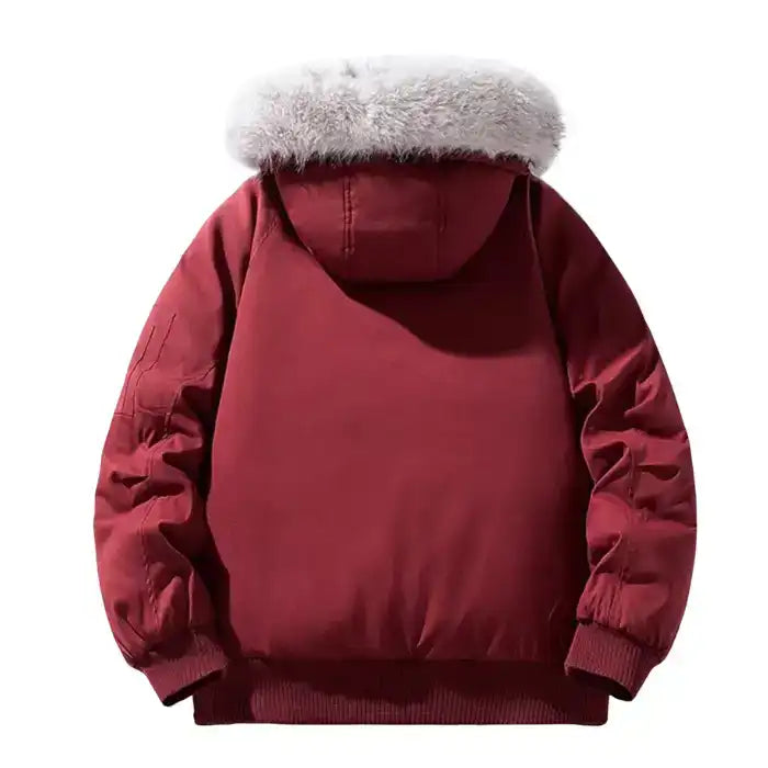  Back view of burgundy fur hooded puffer bomber jacket showing cozy white faux fur trim and ribbed hem detail.