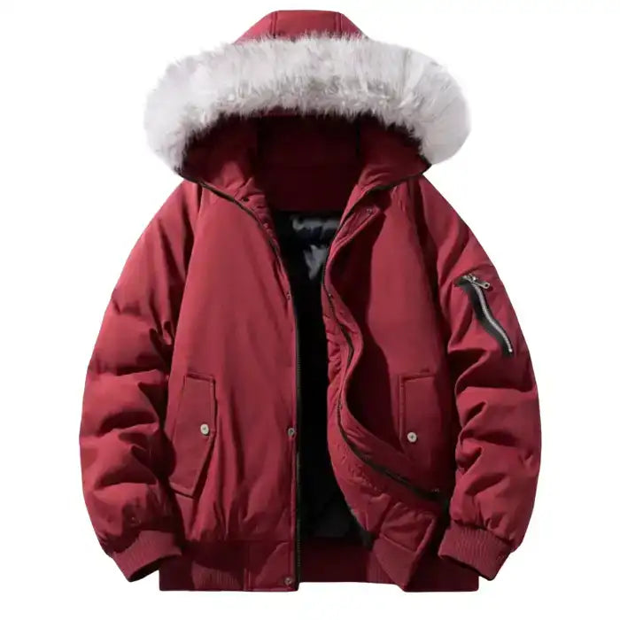 Fur hooded puffer bomber jacket in burgundy with zip pockets, ribbed cuffs, and plush white trim for cold weather.