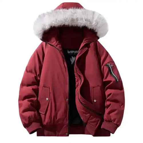 Fur hooded puffer bomber jacket in burgundy with zip pockets, ribbed cuffs, and plush white trim for cold weather.