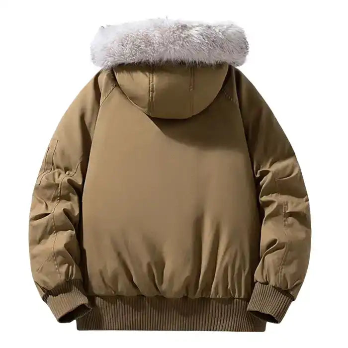  Back view of tan fur hooded puffer bomber jacket showing soft white fur trim, ribbed hem, and oversized silhouette.