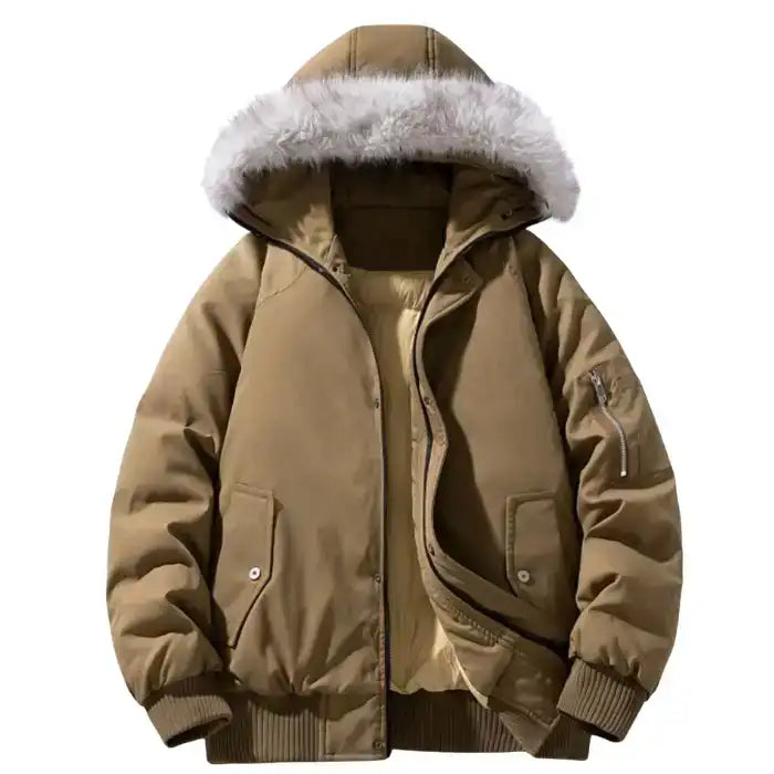  Fur hooded puffer bomber jacket in tan with zip pockets, white faux fur hood trim, and ribbed cuffs for warmth.