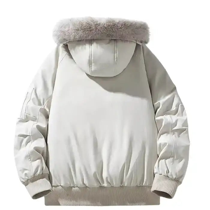  Back view of white fur hooded puffer bomber jacket showcasing plush hood trim, ribbed cuffs, and relaxed fit.